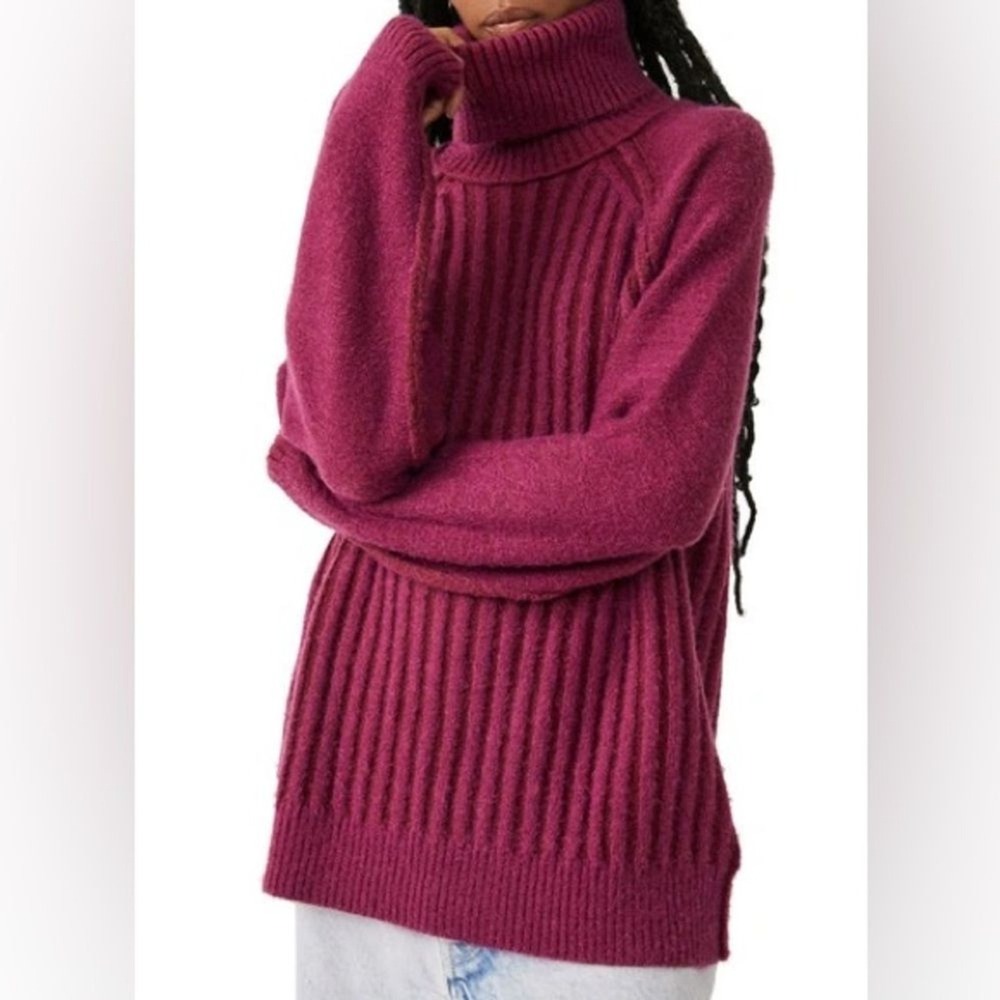 NWT Free People Big City Turtleneck Ribbed Sweater Size XS‎ in Mulberry Garnet